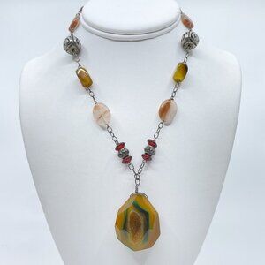 Brown Green Druzy Agate Necklace Chunky Stone Beaded Sterling Silver Carnelian
